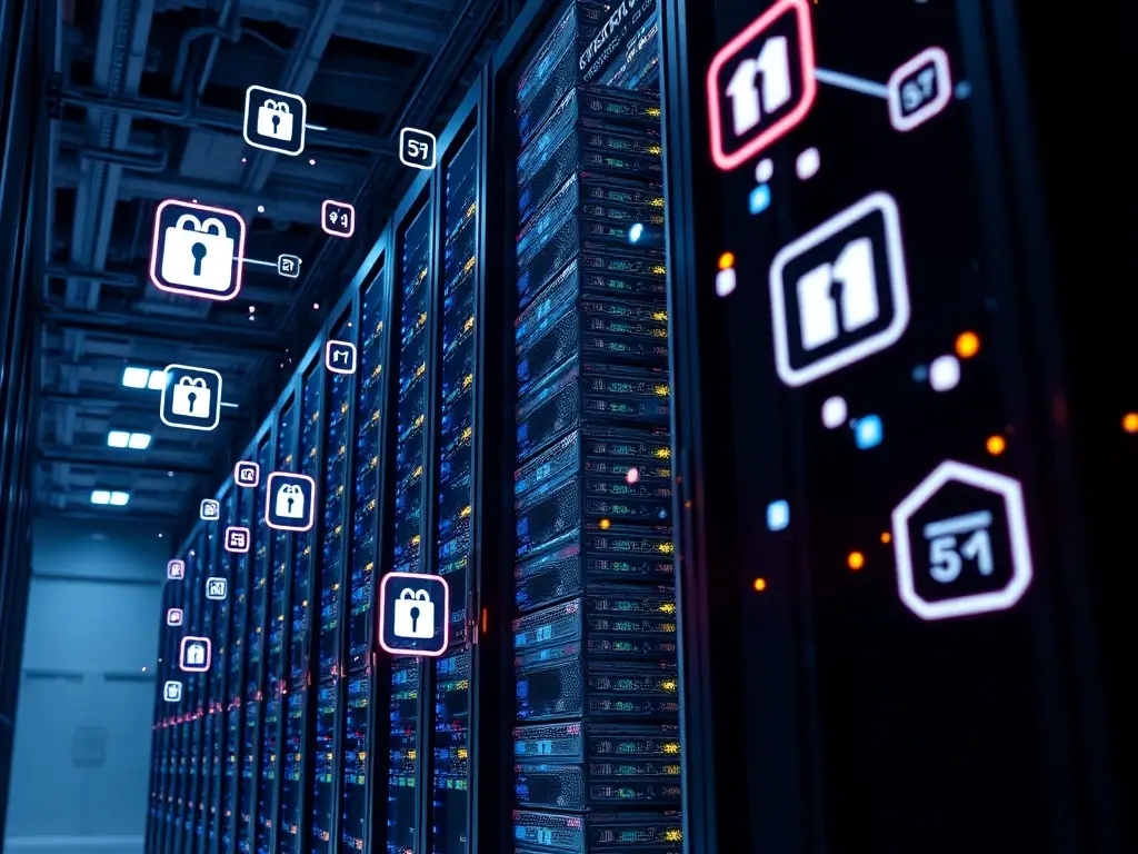 A server rack with digital icons representing security, speed, and uptime, symbolizing Drivesoft Technologies' reliable hosting and maintenance services.