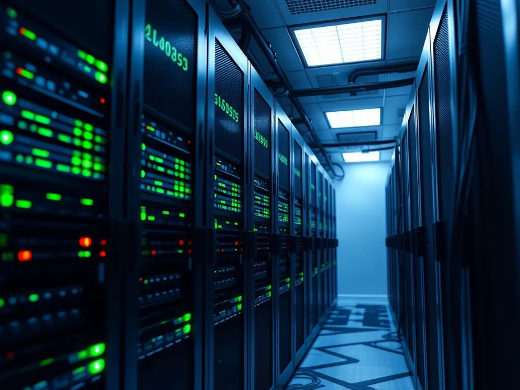 A secure server room with blinking lights, symbolizing the robust hosting and maintenance services provided by Drivesoft Technologies.