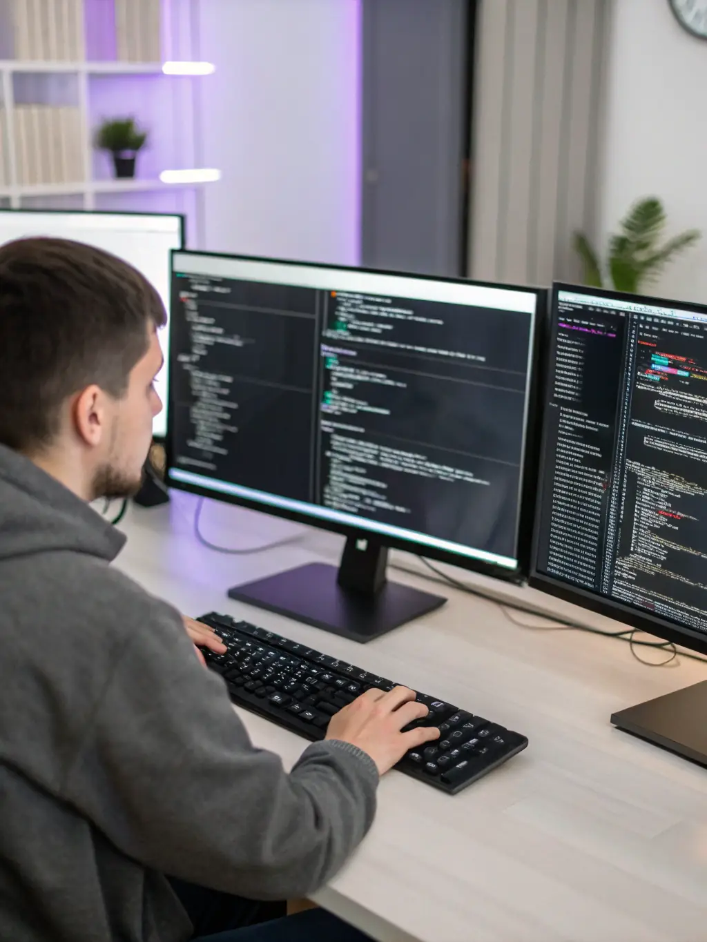 A developer coding on a computer, surrounded by multiple screens displaying lines of code, illustrating the complex process of web development at Drivesoft Technologies.