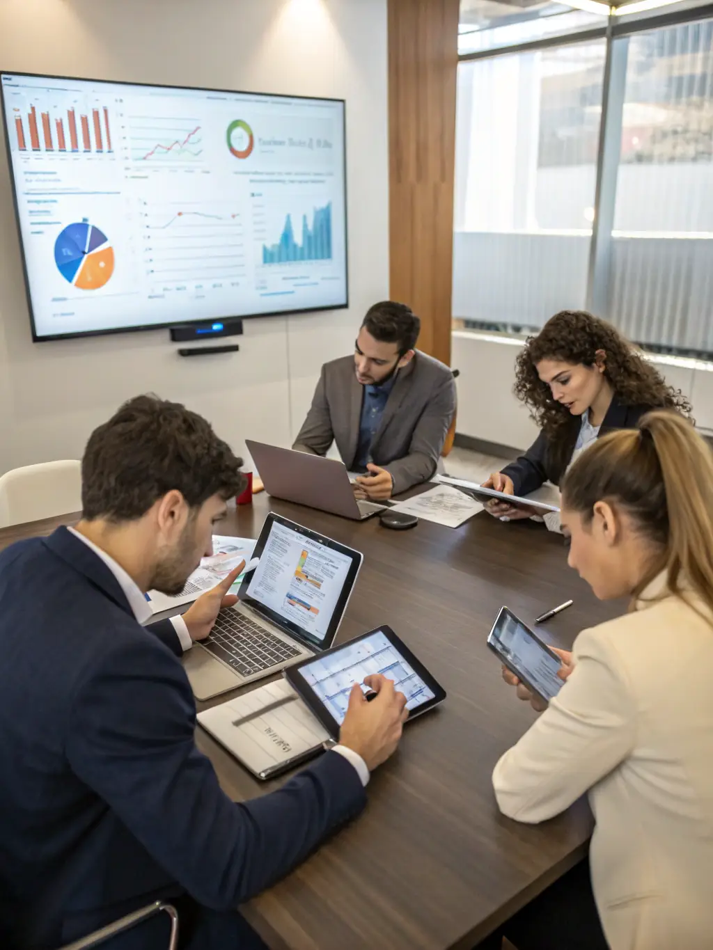 An established enterprise's leadership team reviewing website analytics and discussing strategies for improving online performance.