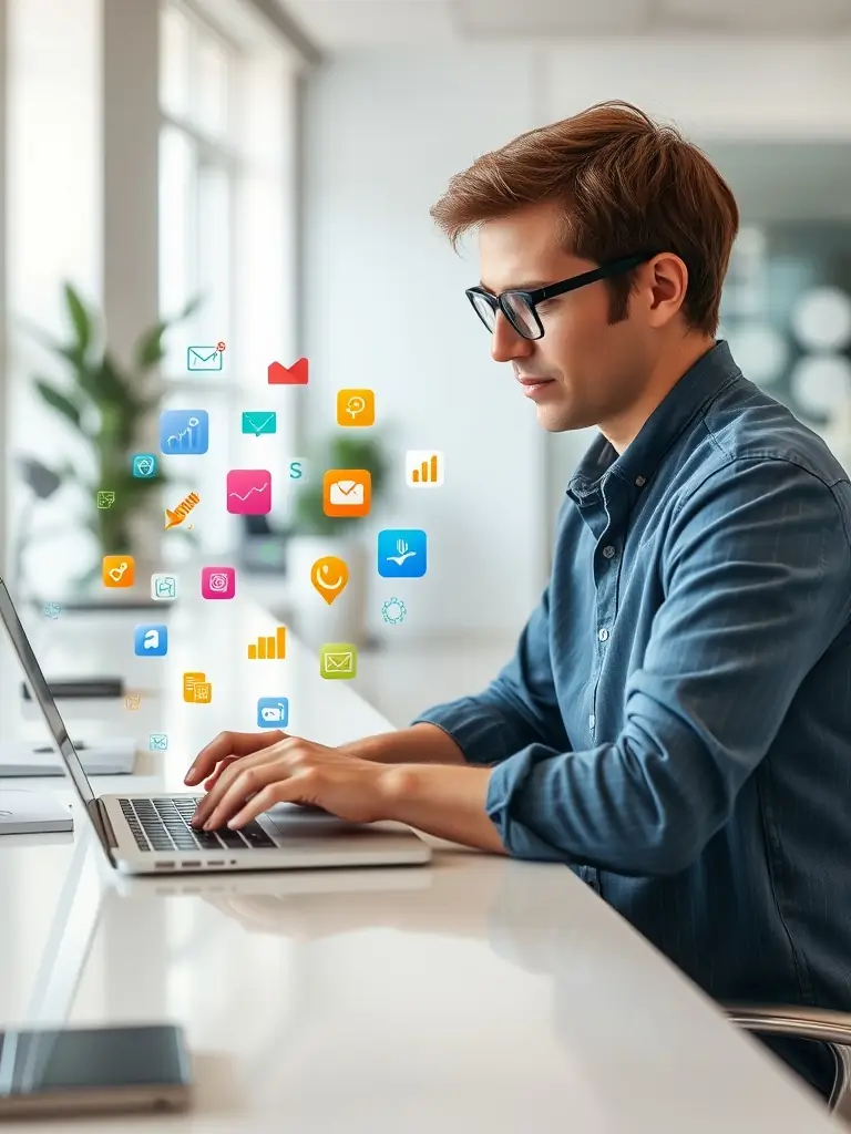 A content creator typing on a laptop, surrounded by notes and research materials, representing the content creation services offered by Drivesoft Technologies.
