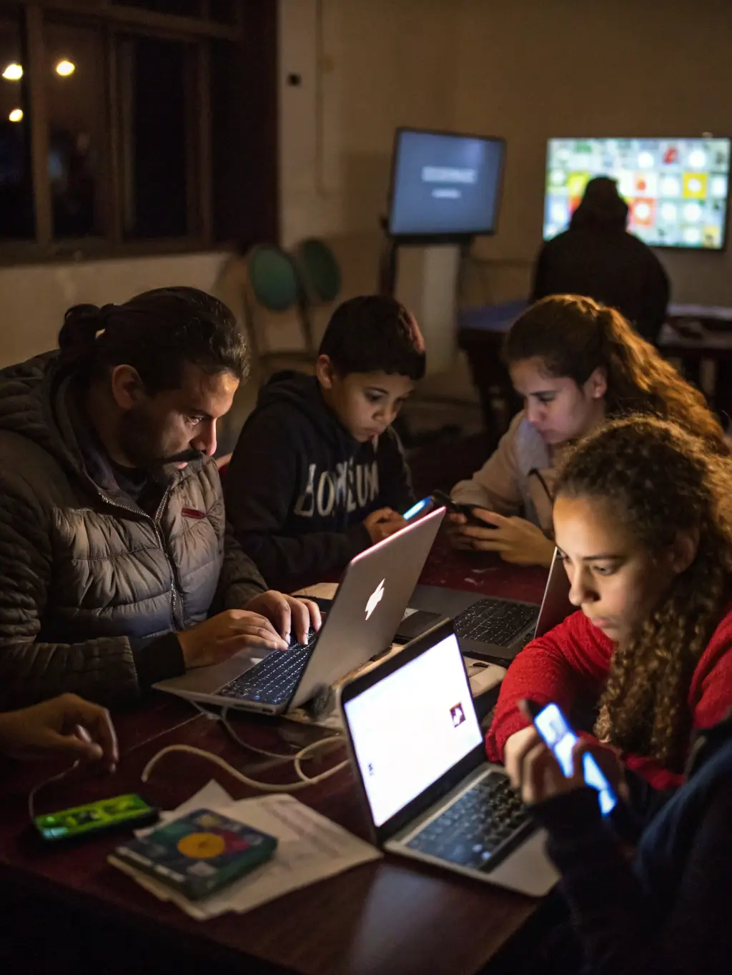 A team of non-profit volunteers working together on laptops, updating their organization's website and managing online donations.