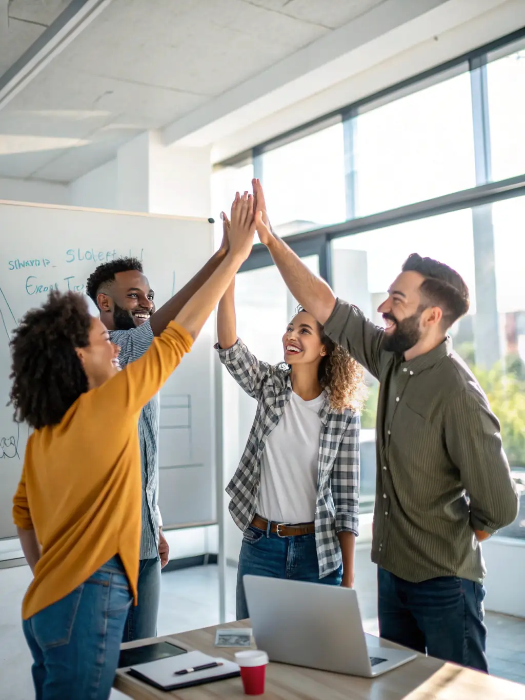 A startup team celebrating a successful website launch, showcasing their innovative product and attracting early adopters.
