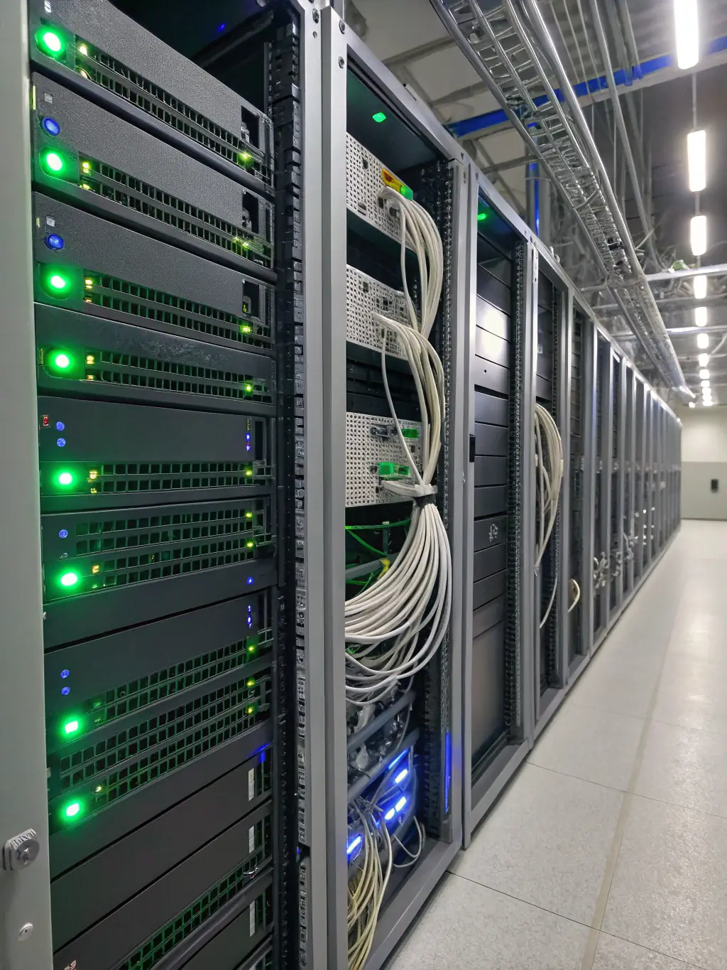 A server room filled with blinking lights and network cables, symbolizing reliable and secure web hosting services provided by Drivesoft Technologies.