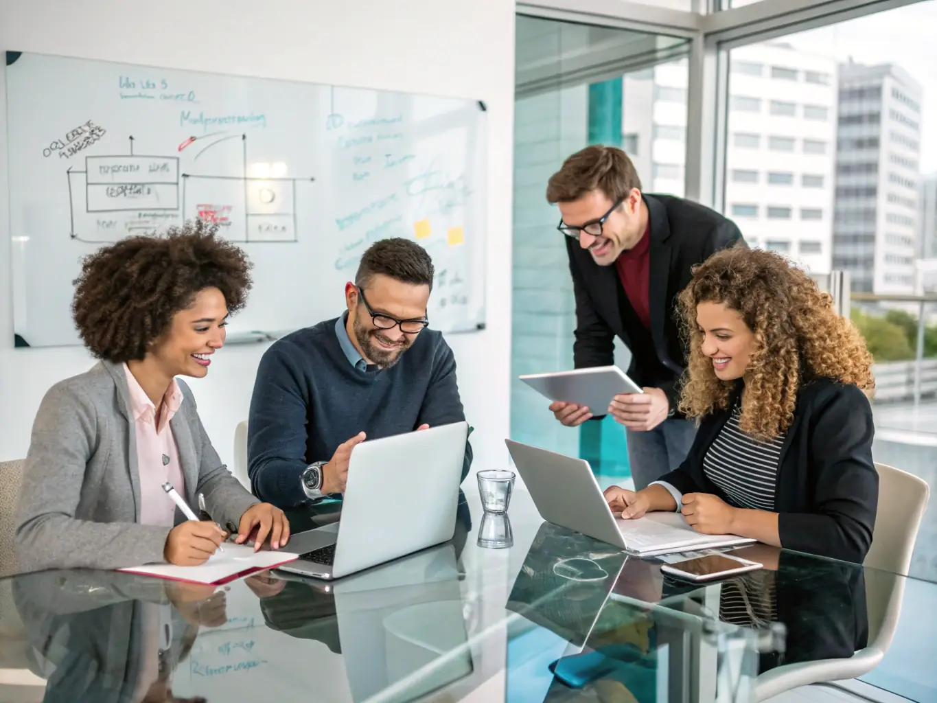A team brainstorming around a table with laptops and digital content on screens, illustrating Drivesoft Technologies' digital strategy and content creation services.